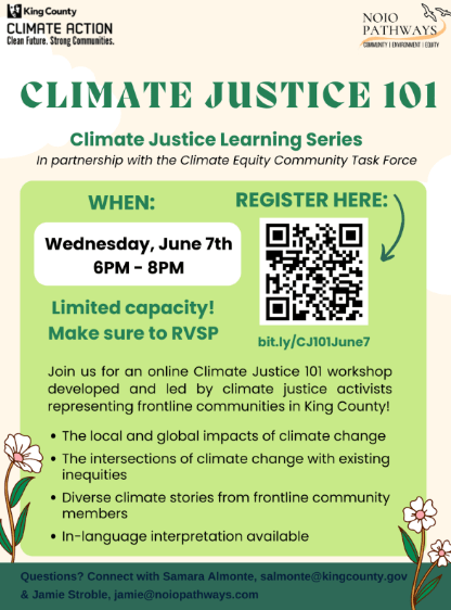 Flyer for 2024 Climate Justice 101 event.