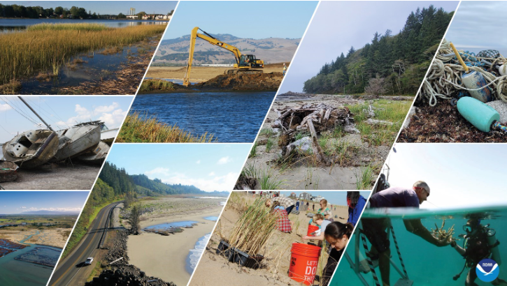 Collage of photos of coastal shorelines, with a NOAA logo in the corner.