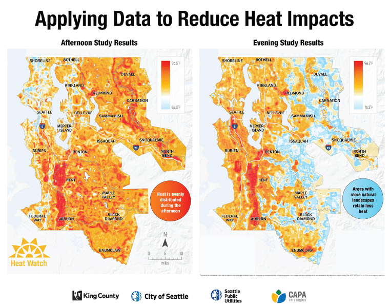 Maps of Seattle show extreme heat data.